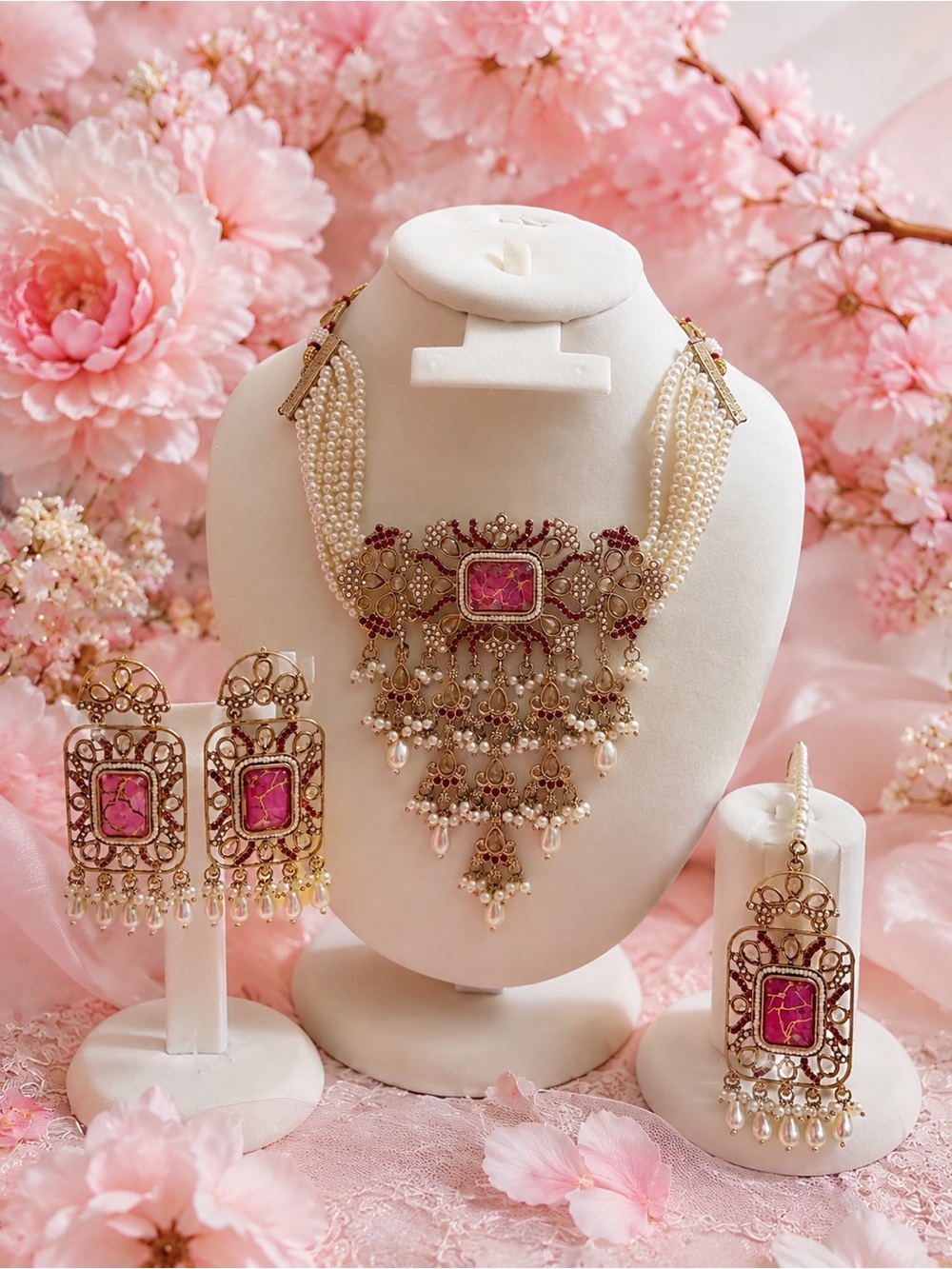 Elegant Pink Pearl and Gold Bridal Necklace Set
